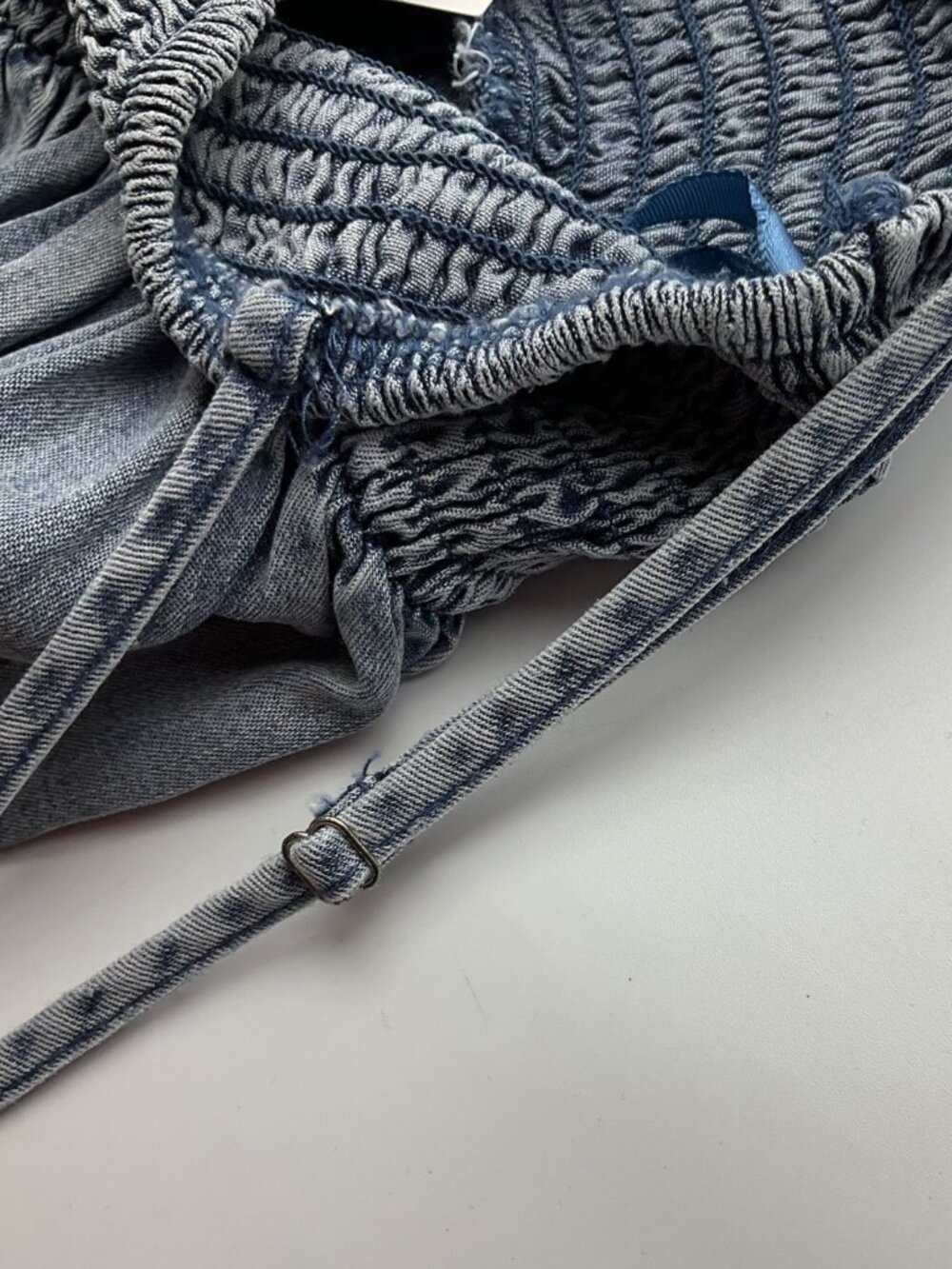 New Blue Velvet S/M Smocked Tiered Wide Leg Chambray Jumpsuit Adjustable - Picture 10 of 14